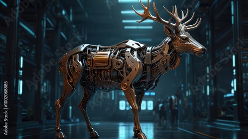 A robotic deer stands in a futuristic laboratory, with its metallic body and intricate gears reflecting the blue and silver lights.