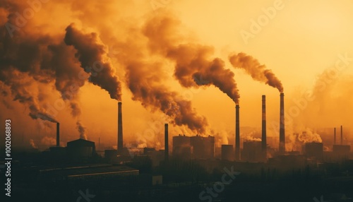 Industrial pollution. Factory chimneys. Environmental damage. Industrial landscape with heavy air pollution.