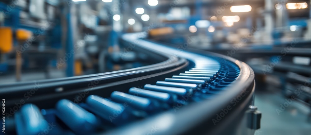Close-up of a conveyor belt system in a factory. Close-up of a conveyor belt system in a factory.