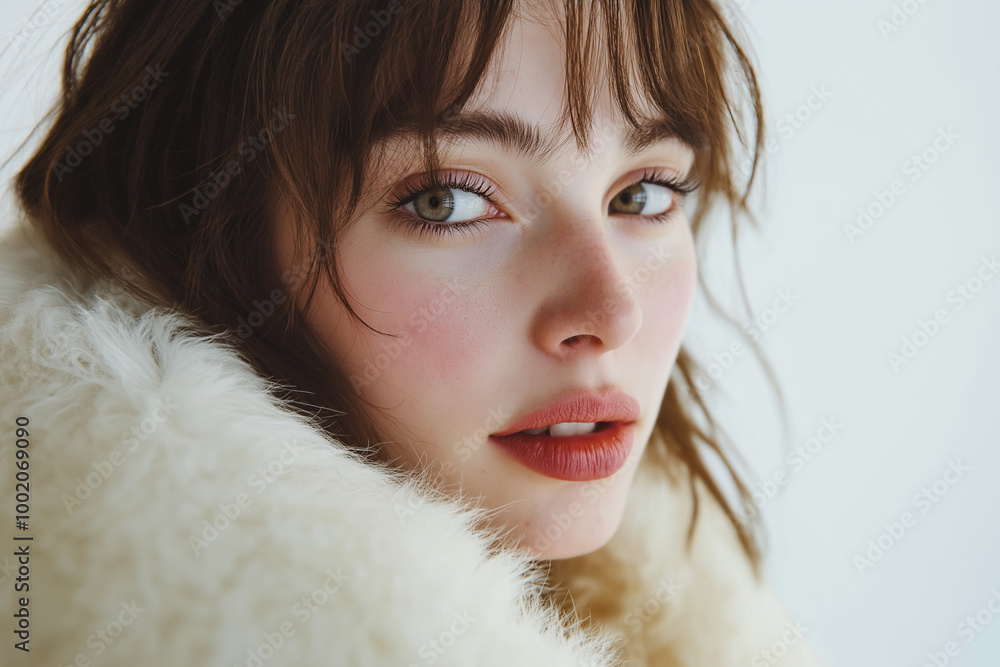 Portrait of Woman in Fur Collar with Soft and Natural Expression Portrait of Woman in Fur Collar with Soft and Natural Expression