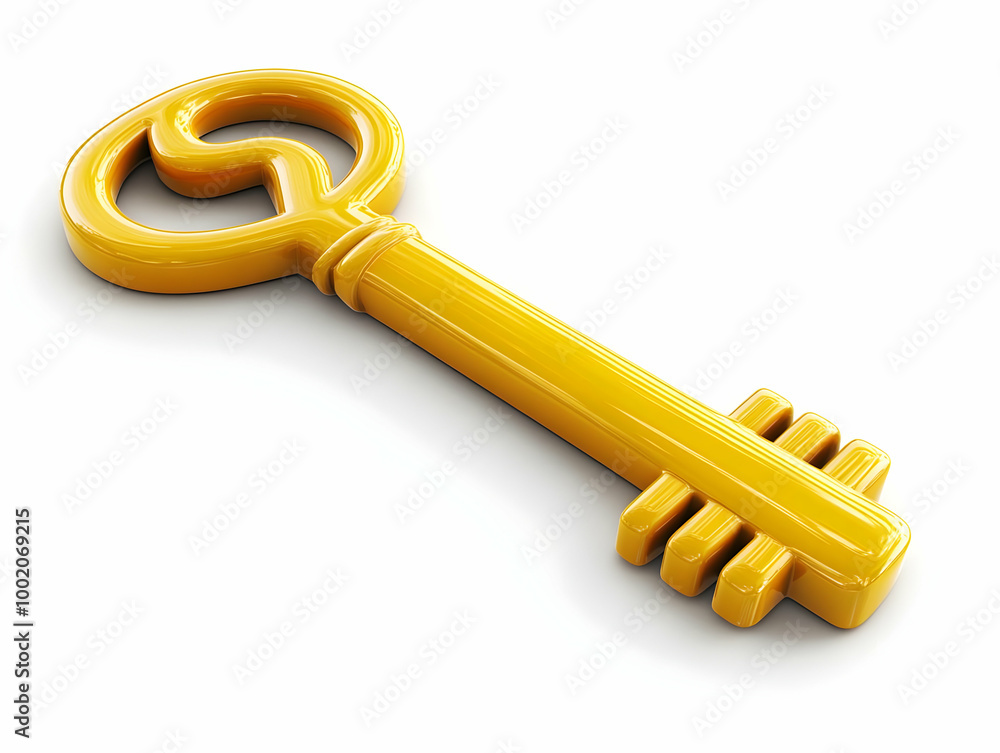 A shiny yellow key on a white isolated background, symbolizing access, security, and unlocking potential. A shiny yellow key on a white isolated background, symbolizing access, security, and unlocking potential.