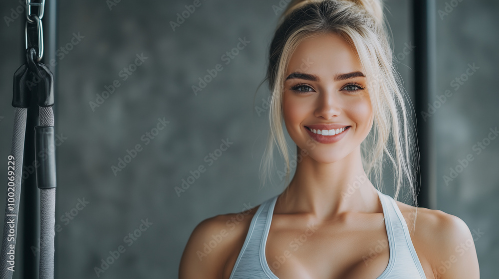 Naklejka premium Uśmiechnięta, wysportowana blondynka prezentuje się w siłowni na tle szarej ściany