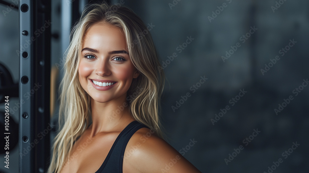 Uśmiechnięta, wysportowana blondynka prezentuje się w siłowni na tle szarej ściany Uśmiechnięta, wysportowana blondynka prezentuje się w siłowni na tle szarej ściany