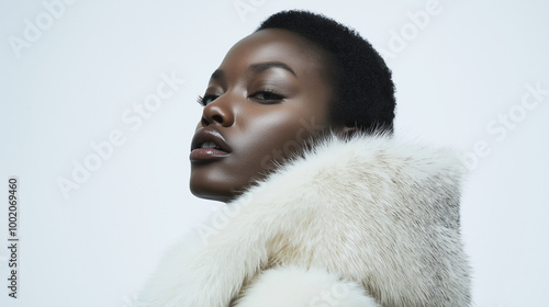 Confident Young Woman in White Fur Coat, Side Pose with Bold Expression Against Minimal Background