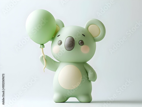 Cute koala character holding a green balloon, ideal for playful and fun designs. photo