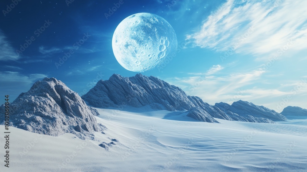 Abstract blue sand desert landscape wallpaper with moon or other planet. Nature concept and 3D Rendering Abstract blue sand desert landscape wallpaper with moon or other planet. Nature concept and 3D Rendering
