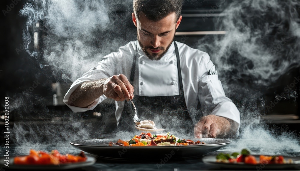 A chef carefully plating a dish in a kitchen with steam coming from the plate, creating a dramatic and delicious culinary scene. A chef carefully plating a dish in a kitchen with steam coming from the plate, creating a dramatic and delicious culinary scene.
