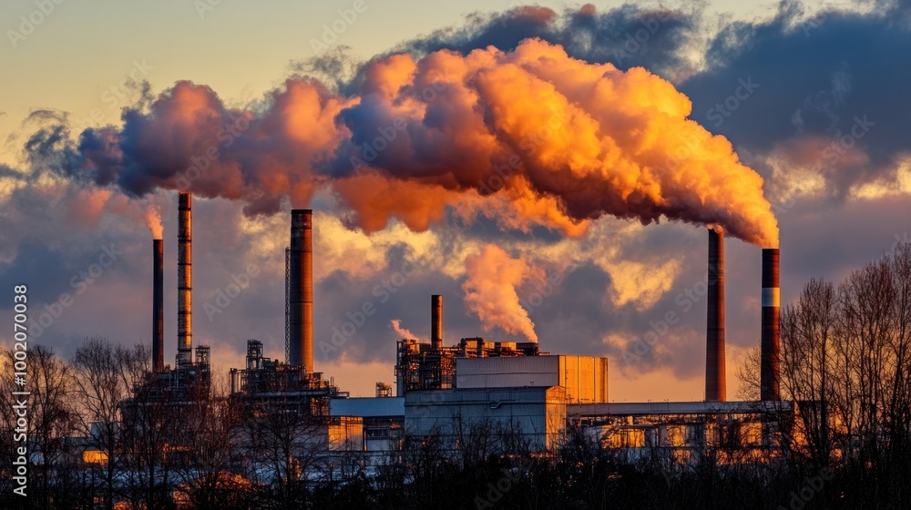 A large industrial complex with tall smoke stacks spewing smoke into the air at sunset. A large industrial complex with tall smoke stacks spewing smoke into the air at sunset.