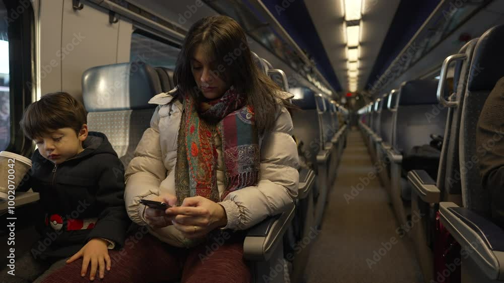 Mother and Child Traveling on a Train - Woman Engrossed in Smartphone, Boy Drinking from a Paper Cup, Both in Winter Jackets and Colorful Scarf, Modern Train Interior with Empty Seats in Background Mother and Child Traveling on a Train - Woman Engrossed in Smartphone, Boy Drinking from a Paper Cup, Both in Winter Jackets and Colorful Scarf, Modern Train Interior with Empty Seats in Background