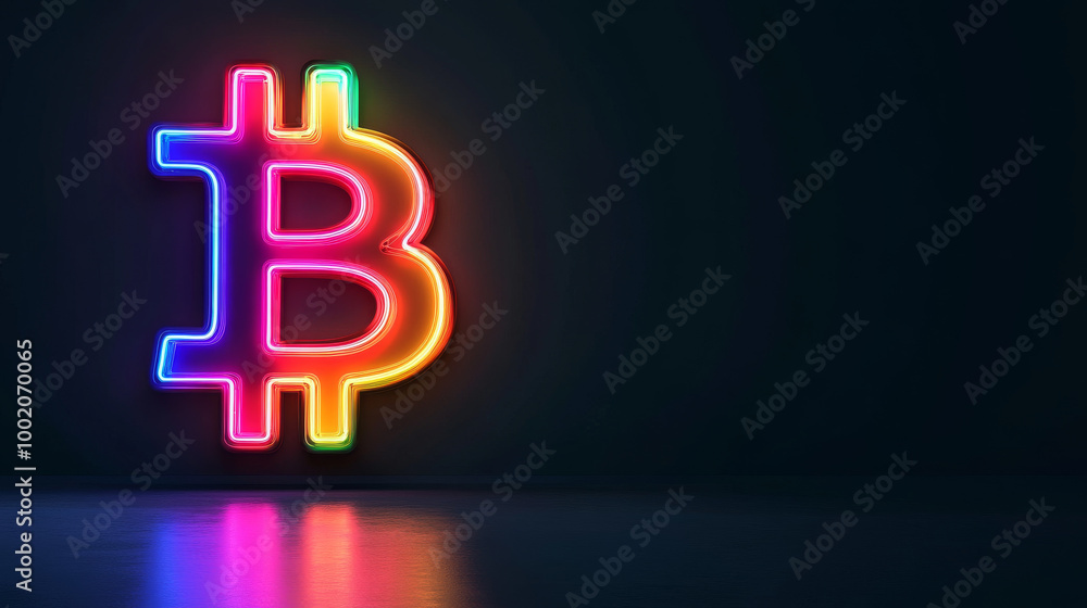A vibrant Bitcoin symbol illuminated in neon colors against dark background, creating striking visual effect that captures attention and conveys modernity A vibrant Bitcoin symbol illuminated in neon colors against dark background, creating striking visual effect that captures attention and conveys modernity