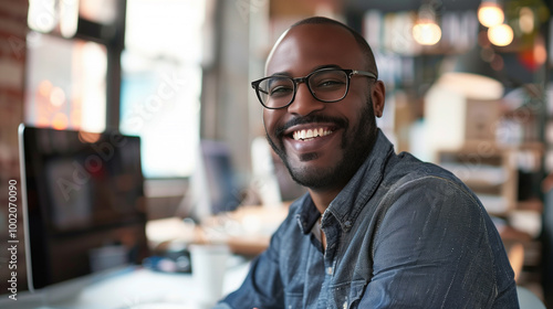 A smiling businessman engages in a lively discussion at his workstation within a bright office, showcasing teamwork, communication, and professional collaboration.