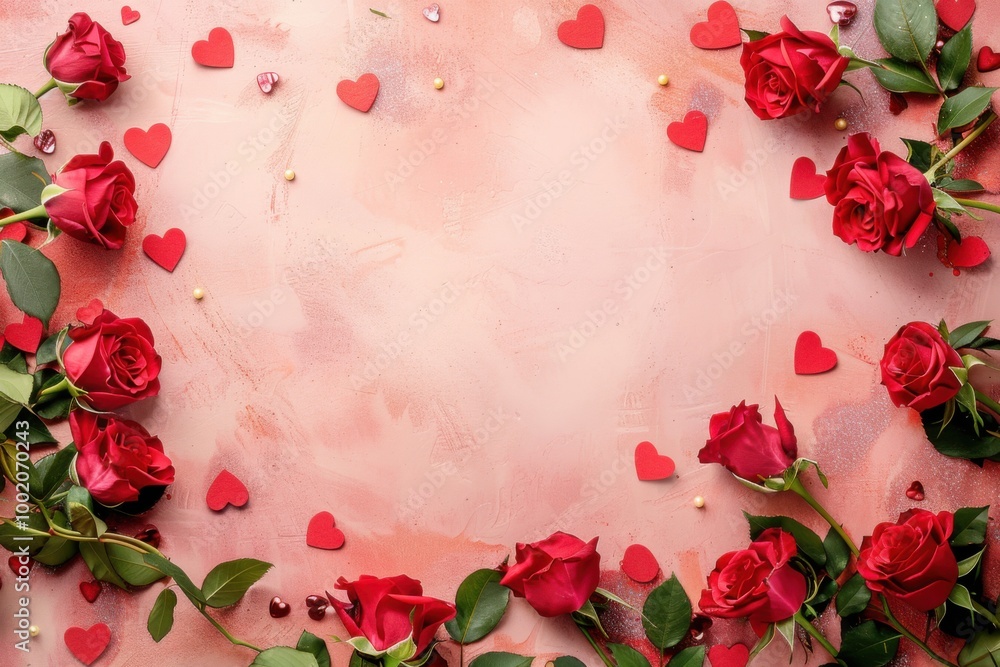 Romantic red roses and heart decorations framing a soft pink background for a Valentine's Day celebration Romantic red roses and heart decorations framing a soft pink background for a Valentine's Day celebration