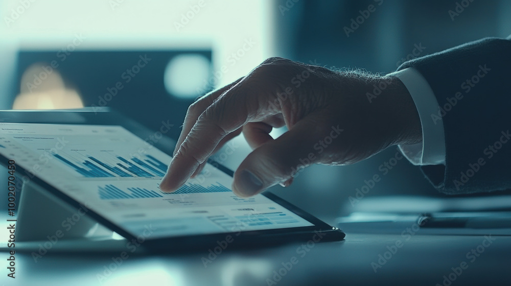 Obraz premium consultants hand interacts with tablet displaying data analytics, showcasing graphs and charts in professional setting. focus is on technology and business insights