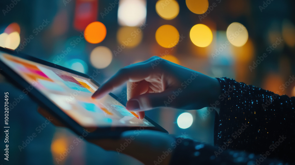 close up of hand interacting with tablet, showcasing vibrant colors and blurred background of city lights. scene conveys sense of modern technology and engagement close up of hand interacting with tablet, showcasing vibrant colors and blurred background of city lights. scene conveys sense of modern technology and engagement