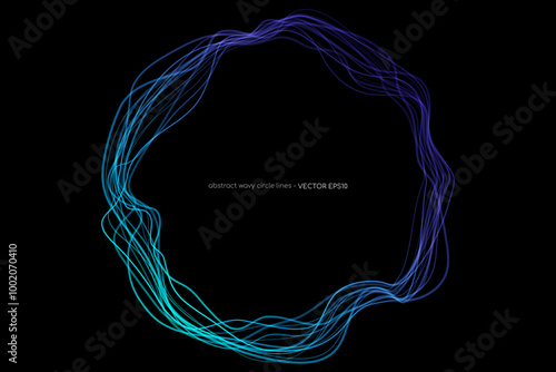 Abstract vector wavy dynamic blue light lines circle swirl round frame isolated on black background in concept technology, neural network, neurology, science, music.