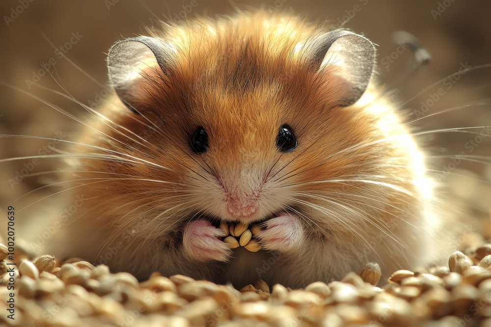 A close-up of a cute hamster holding seeds, surrounded by a bed of grains, showcasing its fluffy fur and inquisitive expression. A close-up of a cute hamster holding seeds, surrounded by a bed of grains, showcasing its fluffy fur and inquisitive expression.