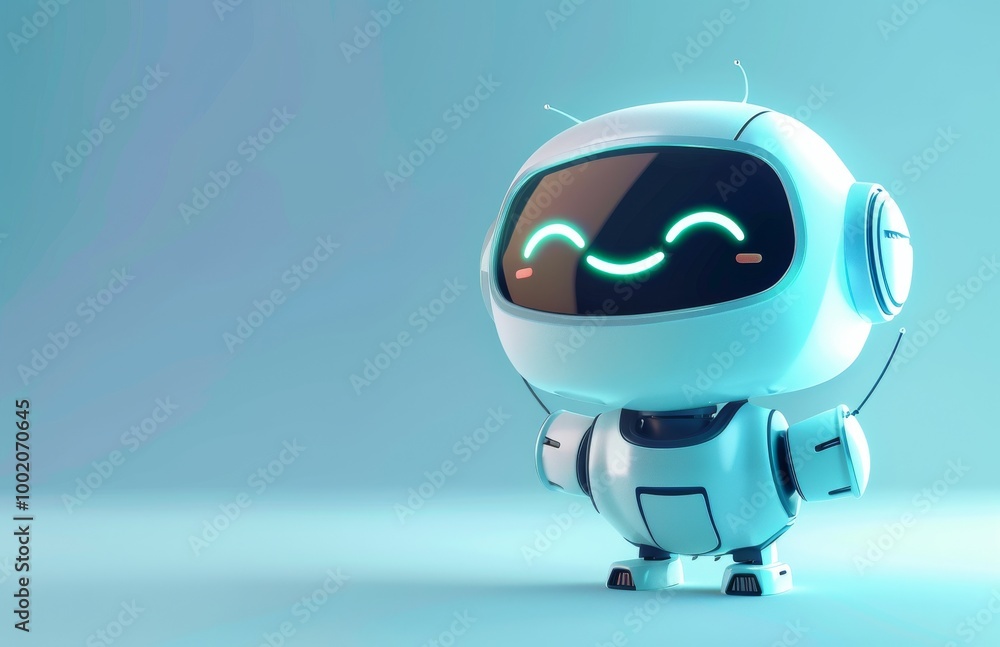 A smiling cyborg android, depicted as a happy little white robot, exudes a futuristic charm. A smiling cyborg android, depicted as a happy little white robot, exudes a futuristic charm.