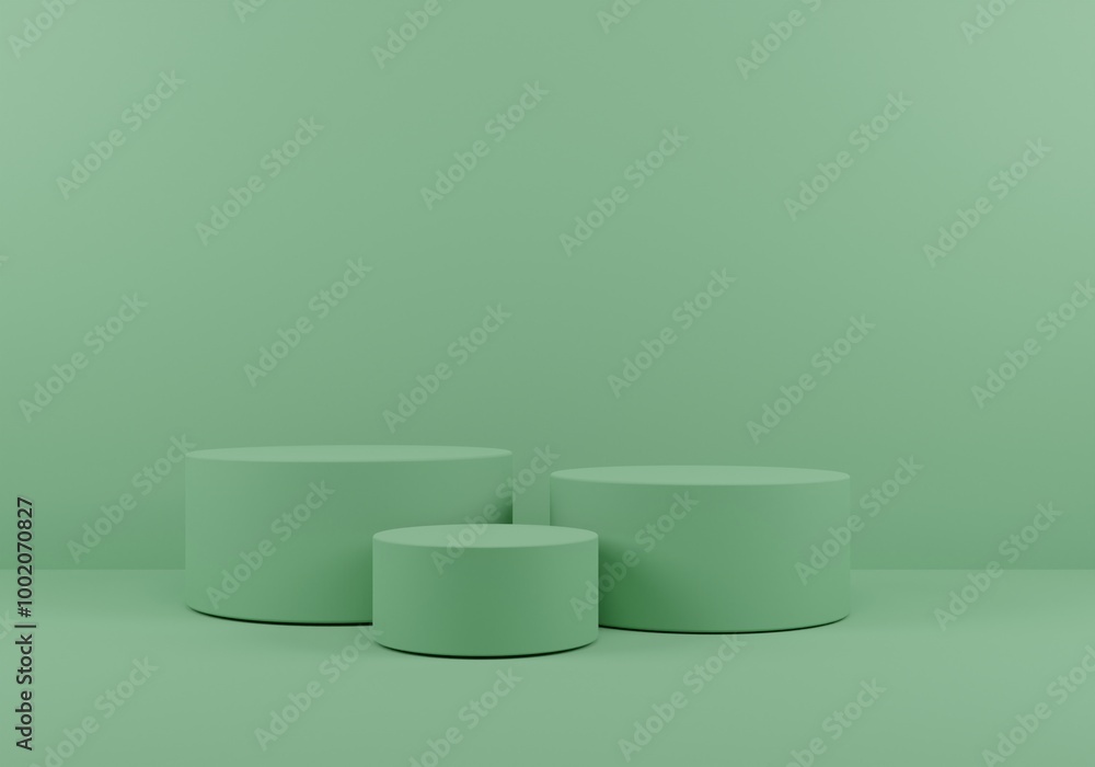 Minimalist Three Green Cylindrical Podiums Arranged for Product Display Showcase Minimalist Three Green Cylindrical Podiums Arranged for Product Display Showcase