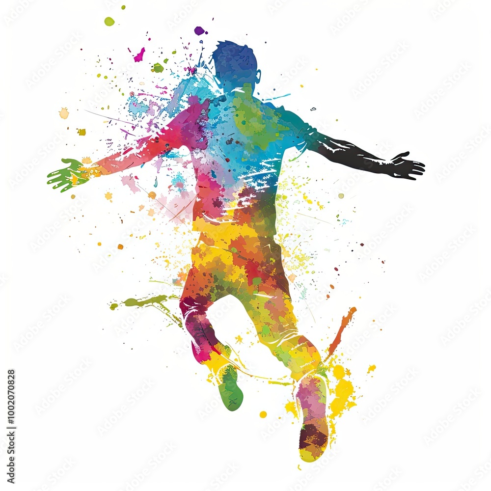 A person leaping with arms up is captured in a dynamic watercolor style, with bright and colorful splashes creating a sense of joy and energy on a white background. A person leaping with arms up is captured in a dynamic watercolor style, with bright and colorful splashes creating a sense of joy and energy on a white background.