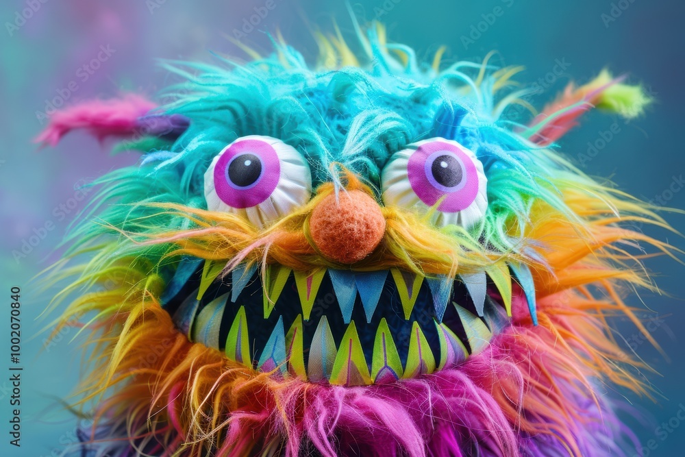 A fun and colorful rainbow furry monster puppet with large eyes and sharp teeth, perfect for children’s entertainment and puppet shows. A fun and colorful rainbow furry monster puppet with large eyes and sharp teeth, perfect for children’s entertainment and puppet shows.