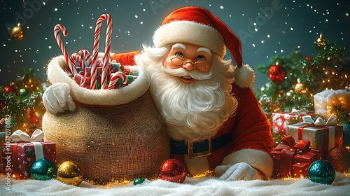 Santa Claus with a large sack of gifts, candy canes sticking out, surrounded by shiny baubles and festive bows, cute cartoon style, vibrant colors, fun and cheerful holiday vibe, hd quality.