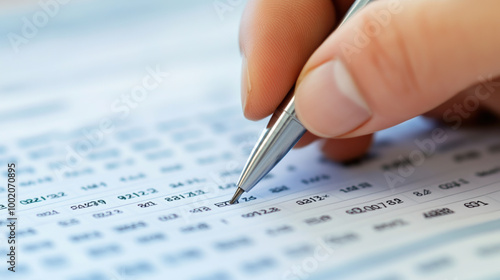 Wallpaper Mural Close up of hand holding pen, meticulously entering financial figures into document filled with numbers and data. This image captures essence of precision and focus in financial analysis Torontodigital.ca