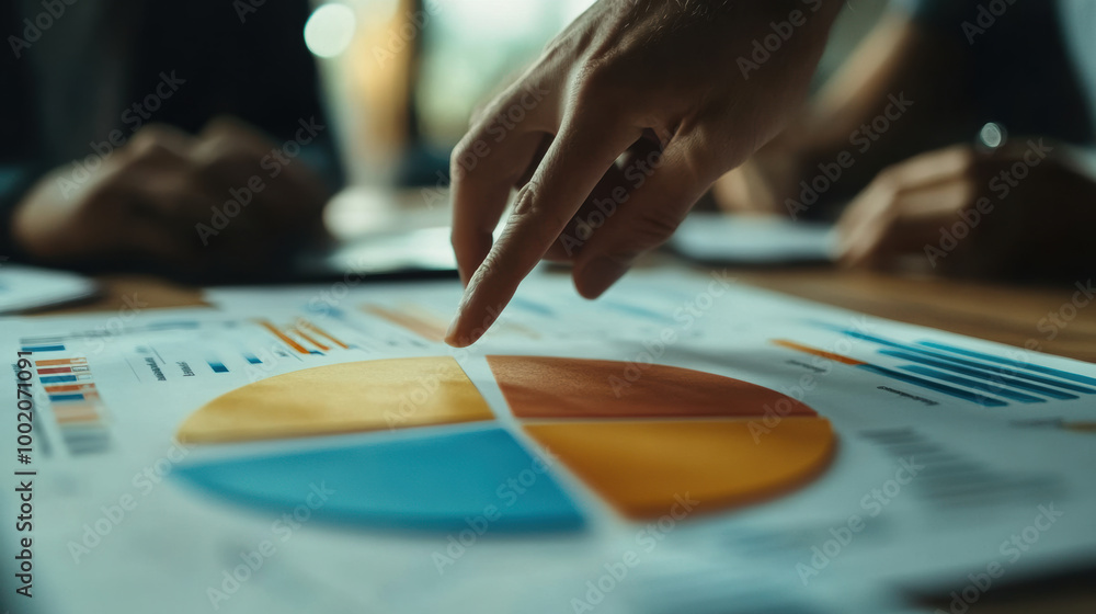 close up view of hand pointing at colorful pie chart on paper, surrounded by various graphs and data sheets, illustrating business analysis close up view of hand pointing at colorful pie chart on paper, surrounded by various graphs and data sheets, illustrating business analysis