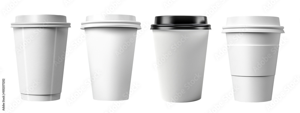 A set of white disposable coffee cups with lids, isolated on a transparent background, perfect for presentation or mockup design. A set of white disposable coffee cups with lids, isolated on a transparent background, perfect for presentation or mockup design.