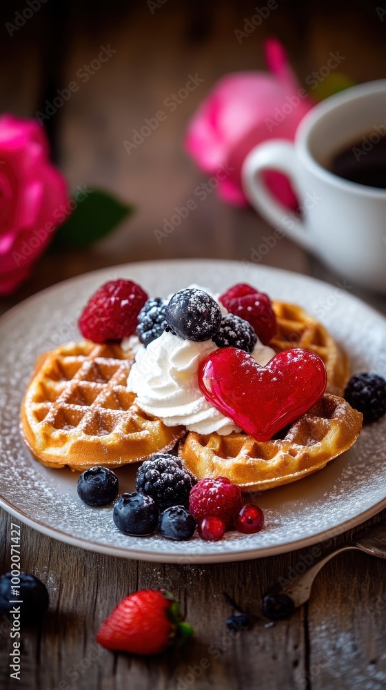 Indulge in heart-shaped waffles with cream and berries, paired with coffee for breakfast! Indulge in heart-shaped waffles with cream and berries, paired with coffee for breakfast!