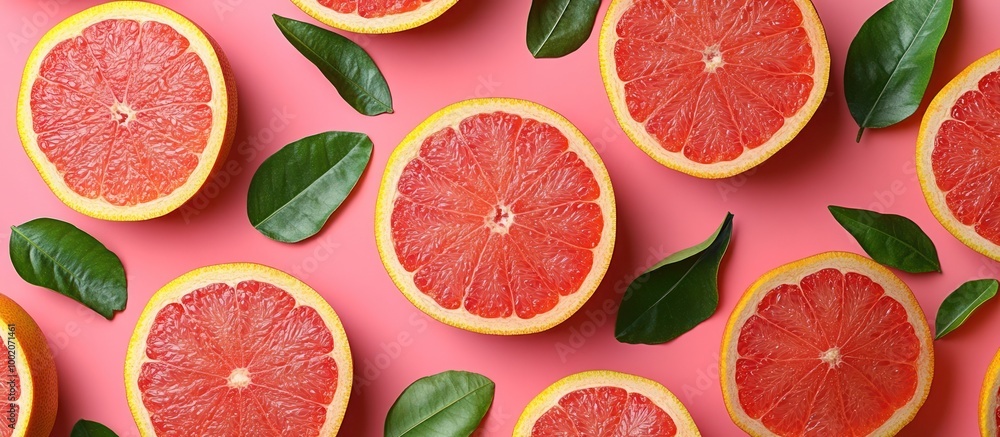 Close-up of fresh red grapefruit slices with green leaves on a pink background. Close-up of fresh red grapefruit slices with green leaves on a pink background.