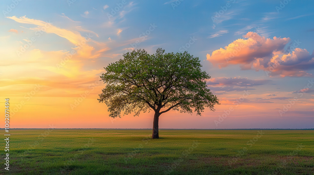 Fototapeta premium solitary tree stands majestically in open field, bathed in warm glow of sunset. vibrant sky, filled with soft clouds, enhances serene beauty of this tranquil landscape
