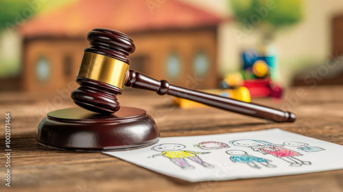 judges gavel rests beside childs drawing, symbolizing justice and innocence. scene evokes sense of authority and creativity, blending serious nature of law with playful spirit of childhood