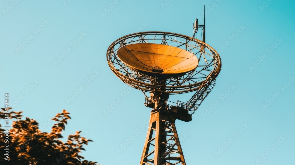 A large satellite dish mounted on a tower against a clear blue sky. A large satellite dish mounted on a tower against a clear blue sky.