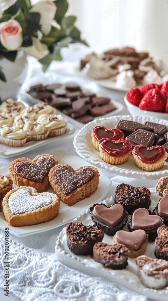 Heart-shaped tarts, cookies, and chocolates make a romantic dessert spread on a white table Heart-shaped tarts, cookies, and chocolates make a romantic dessert spread on a white table