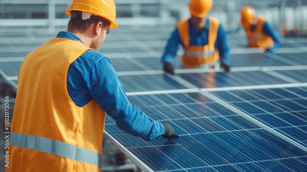 Workers Assembling Solar Panels in Clean Environment Workers Assembling Solar Panels in Clean Environment