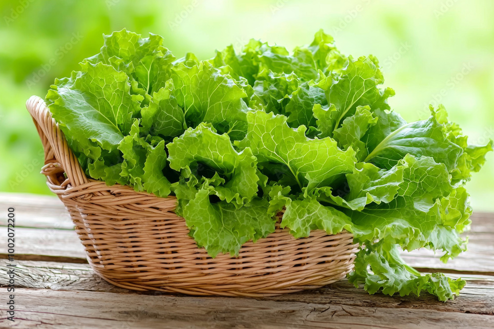 A basket filled with fresh, vibrant green lettuce leaves, ready for use in salads or cooking. A basket filled with fresh, vibrant green lettuce leaves, ready for use in salads or cooking.