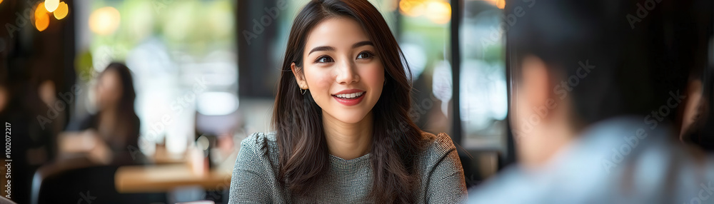 young woman is engaged in lively discussion in modern cafe, showcasing her enthusiasm and confidence. warm ambiance enhances friendly atmosphere of conversation young woman is engaged in lively discussion in modern cafe, showcasing her enthusiasm and confidence. warm ambiance enhances friendly atmosphere of conversation