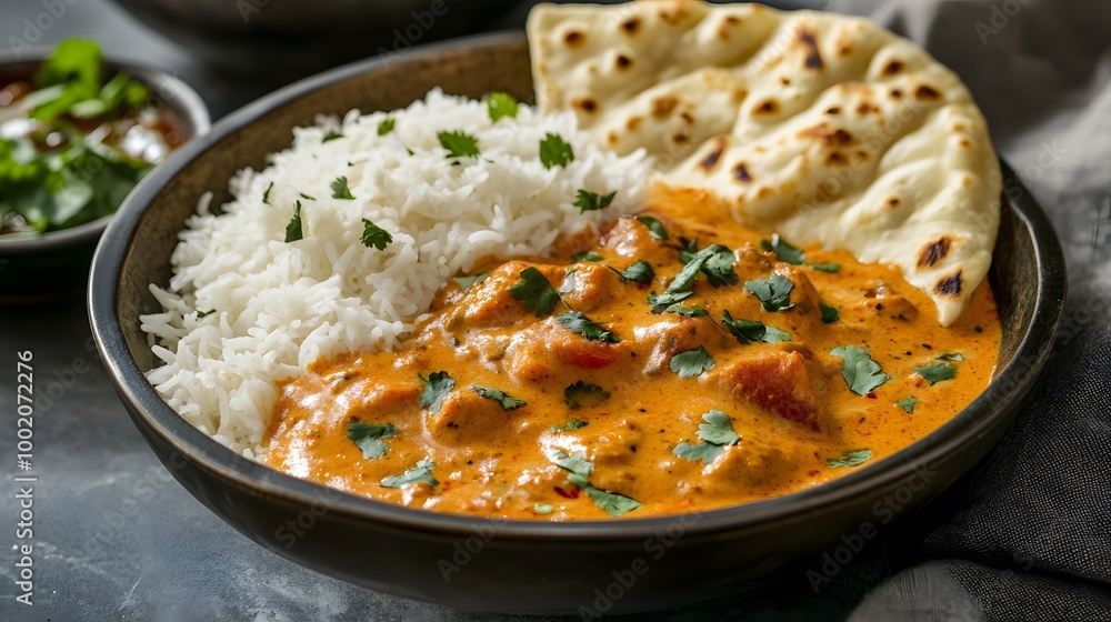 Delicious and creamy korma curry served with fragrant rice and naan Delicious and creamy korma curry served with fragrant rice and naan