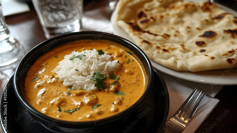 Delicious and creamy korma curry served with fragrant rice and naan Delicious and creamy korma curry served with fragrant rice and naan