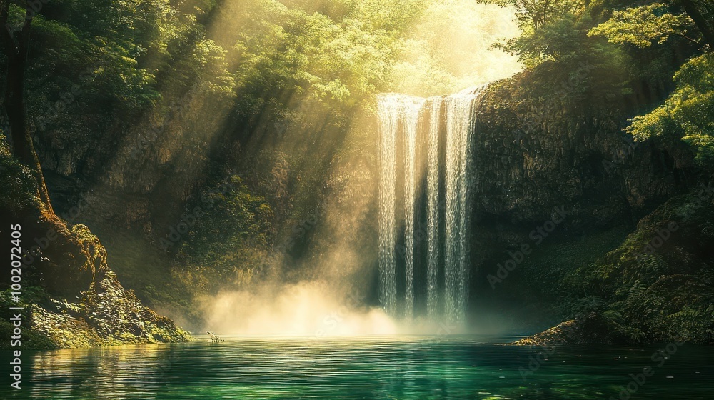 A cascading waterfall flows into a serene pool surrounded by lush greenery, bathed in soft, golden sunlight. A cascading waterfall flows into a serene pool surrounded by lush greenery, bathed in soft, golden sunlight.