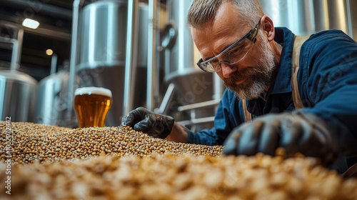 Crafting high quality beer, brewmaster inspects malt grains with precision and care, surrounded by brewing equipment and glass of beer nearby