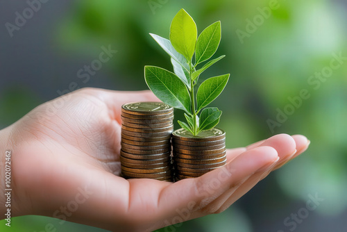 Growing money concept with hand holding coins and small plant sprouting from them, symbolizing investment and financial growth