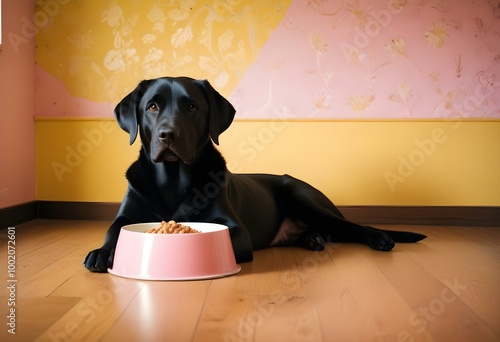 A black Labrador retriever dog lying on the floor next to a pink dog bowl filled with food  photo