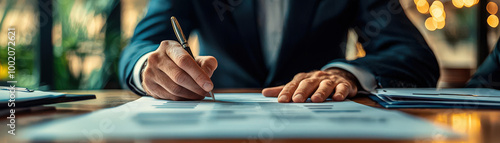 professional in suit is focused on signing important documents, showcasing moment of decision making and leadership in business environment. setting is well lit, emphasizing seriousness of task photo