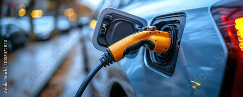 Charging electric vehicle with closeup of charging cable, showcasing modern technology and sustainability. scene captures essence of eco friendly transportation