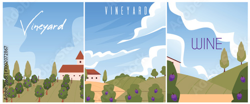 A collection of vector posters depicting ripe grapes, plantation fields with old houses, trees, and green hills
