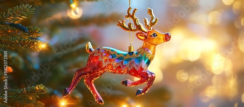 A vibrant reindeer ornament with joyful colors captured in a warm light against the backdrop of a Christmas tree photo