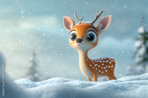 A whimsical cartoon deer with big eyes curiously gazing into the distance while standing on a snow-covered landscape photo