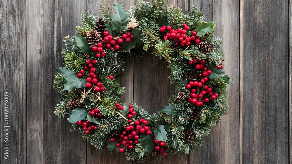 Natural Christmas wreath made of pine branches, red berries, and twine hanging on a wooden door, creating a warm and festive holiday welcome. The simple yet elegant design captures the spirit Natural Christmas wreath made of pine branches, red berries, and twine hanging on a wooden door, creating a warm and festive holiday welcome. The simple yet elegant design captures the spirit