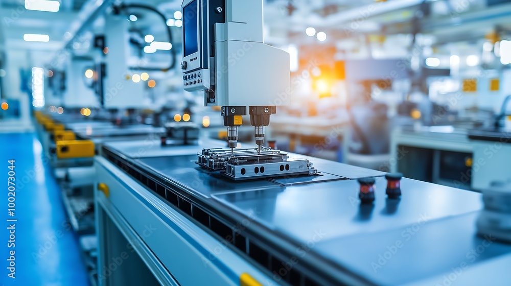 A high-tech factory with automated machines producing precision parts, high-tech factory, automated production process. A high-tech factory with automated machines producing precision parts, high-tech factory, automated production process.